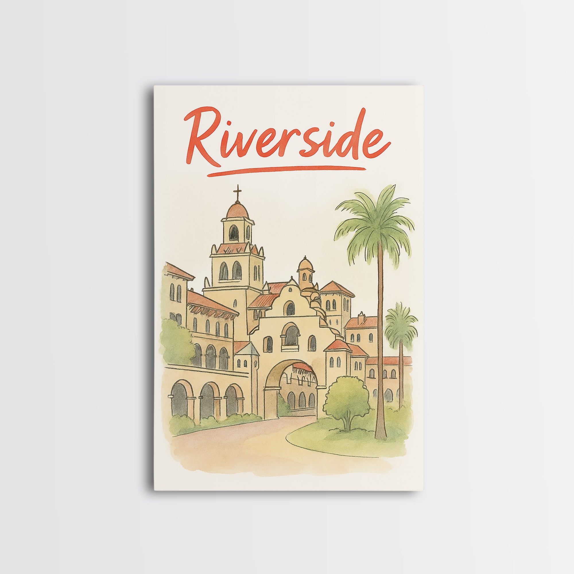 Riverside Travel Poster, Framed Canvas Print, Hand Drawn Watercolor Ar ...
