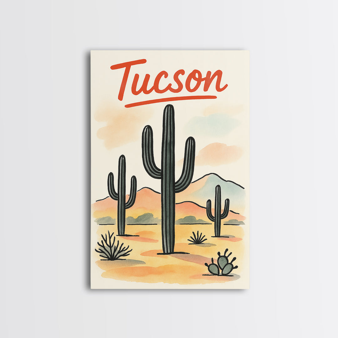 Tucson Travel Poster, Framed Canvas Print, Watercolor Urban Skyline Art, Tucson Travel Art, Gift For Travelers, City Travel Prints