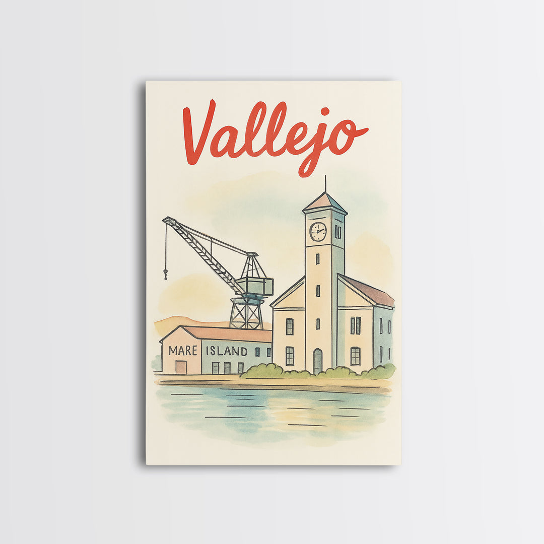 Vallejo California Travel Poster, Canvas Print, Hand Drawn Watercolor Art, Vallejo Poster Print, City Travel Prints, Retro Travel Print