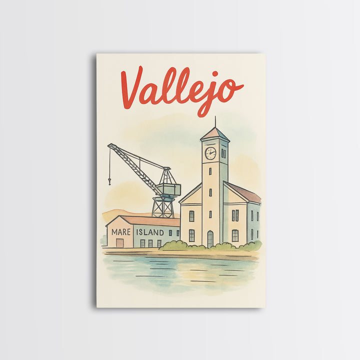Vallejo California Travel Poster, Canvas Print, Hand Drawn Watercolor Art, Vallejo Poster Print, City Travel Prints, Retro Travel Print