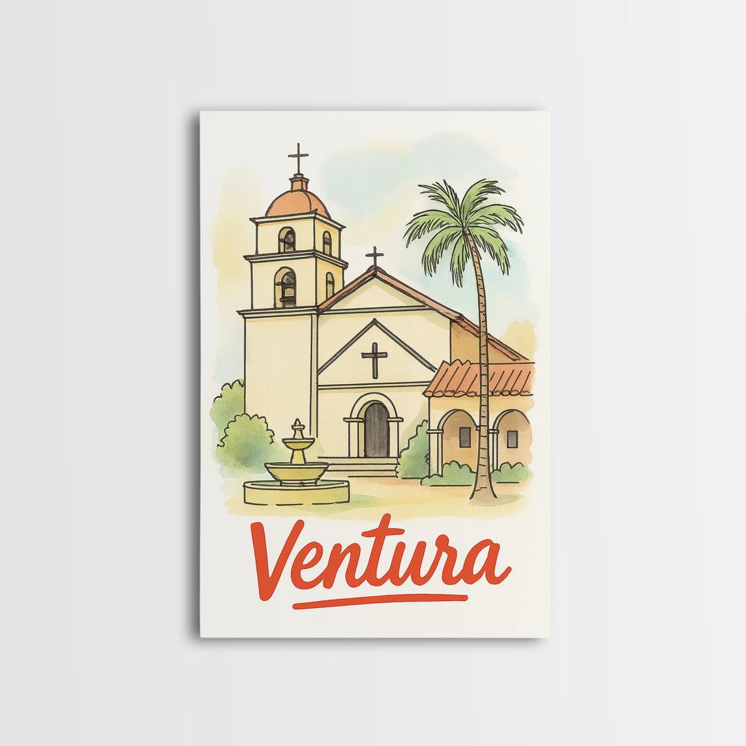 Ventura California Travel Poster, Framed Canvas Print, Illustrated City Wall Art, Ventura City Art, Travel Poster Art, Gift For Travelers