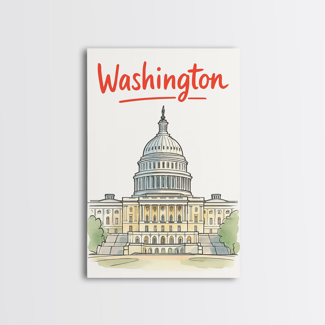 Washington Travel Poster, Framed Canvas Print, Soft Sketch Travel Art, Washington Poster Print, Travel Poster Art, City Illustration