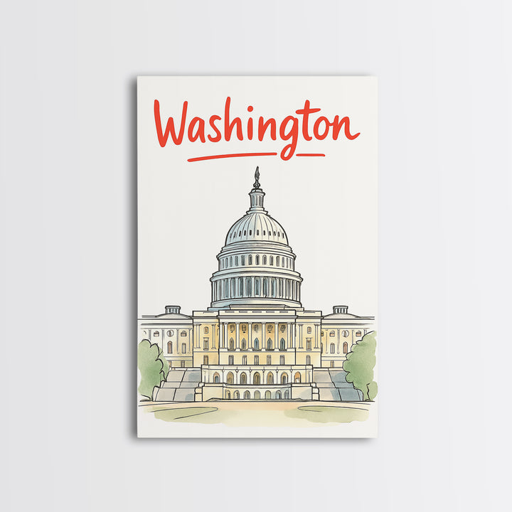 Washington Travel Poster, Framed Canvas Print, Soft Sketch Travel Art, Washington Poster Print, Travel Poster Art, City Illustration