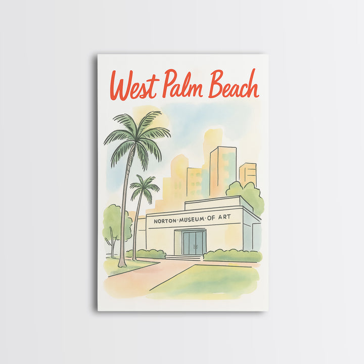 West Palm Beach Travel Poster, Framed Canvas Print, Hand Drawn Watercolor Art, West Palm Beach Wall Art, Travel Wall Decor, Fine Art Print