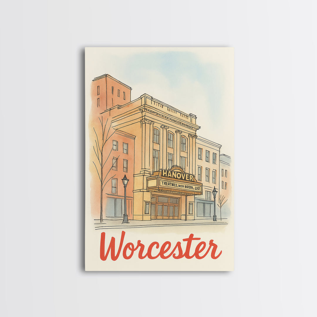 Worcester Massachusetts Travel Poster, Canvas Print, Illustrated City Wall Art, Worcester Art Print, Travel Art, Mid Century Wall Art