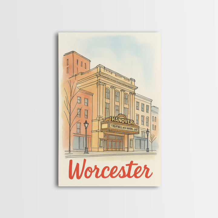 Worcester Massachusetts Travel Poster, Canvas Print, Illustrated City Wall Art, Worcester Art Print, Travel Art, Mid Century Wall Art