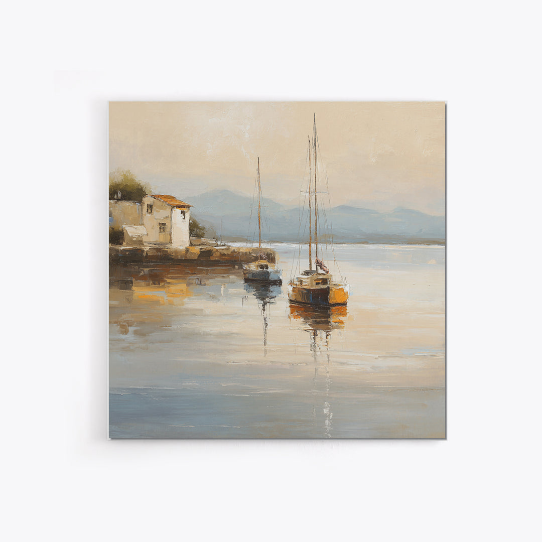 Quiet Harbor with Sailboats at Dawn Canvas Print, Hotel Art, Coastal Wall Art, Hotel Decor, Oil Painting, Boutique, HOT-1x1-22