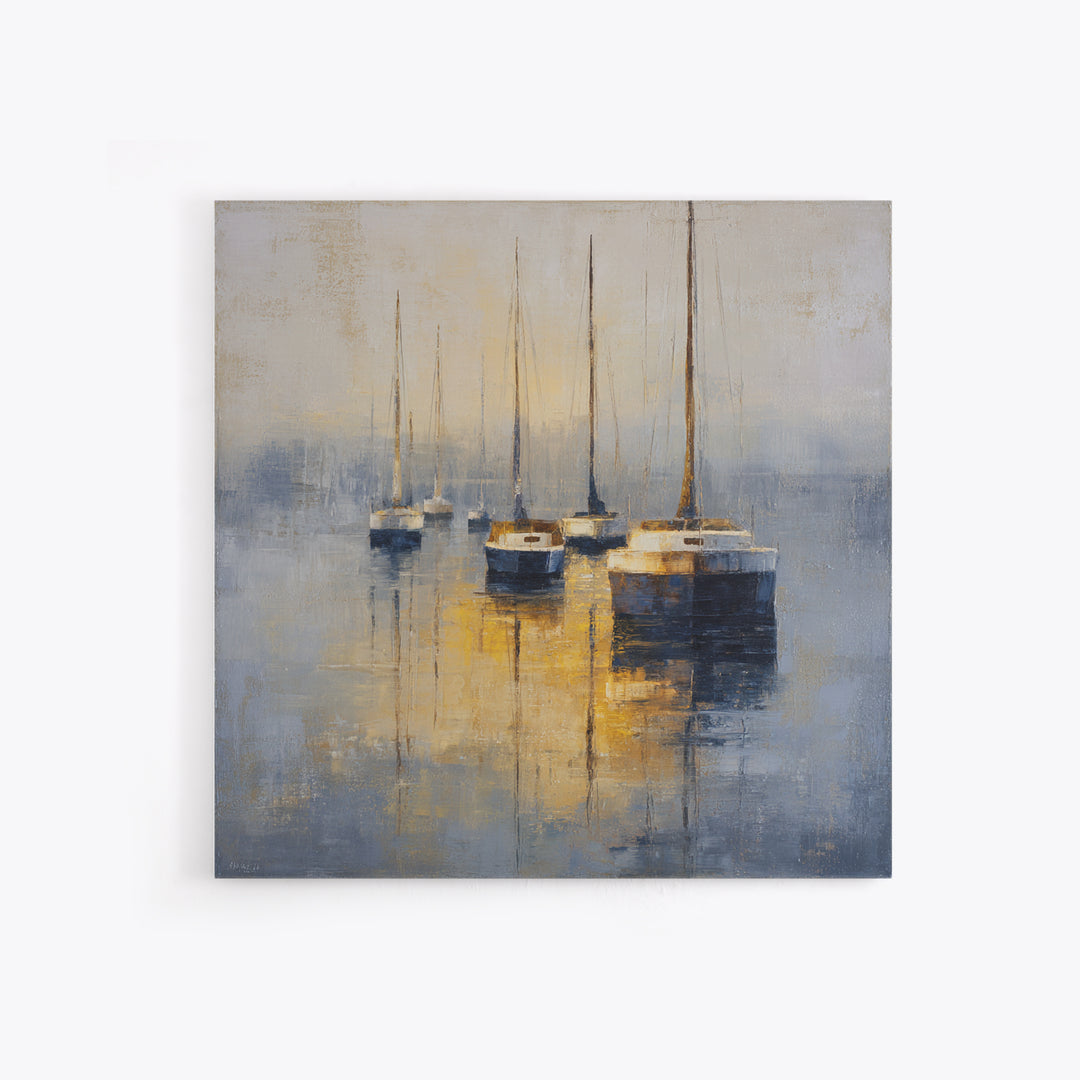 Quiet Harbor with Sailboats at Dawn Framed Canvas Print, Hotel Art, Gallery Wall Set, Hotel Decor, Fine Art, Boutique, HOT-1x1-46