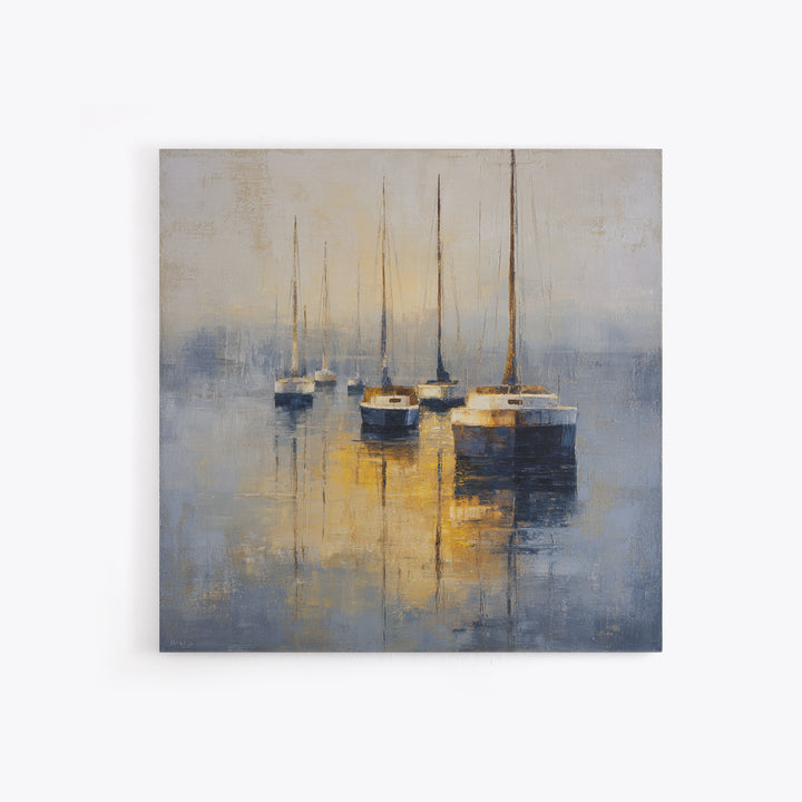 Quiet Harbor with Sailboats at Dawn Framed Canvas Print, Hotel Art, Gallery Wall Set, Hotel Decor, Fine Art, Boutique, HOT-1x1-46