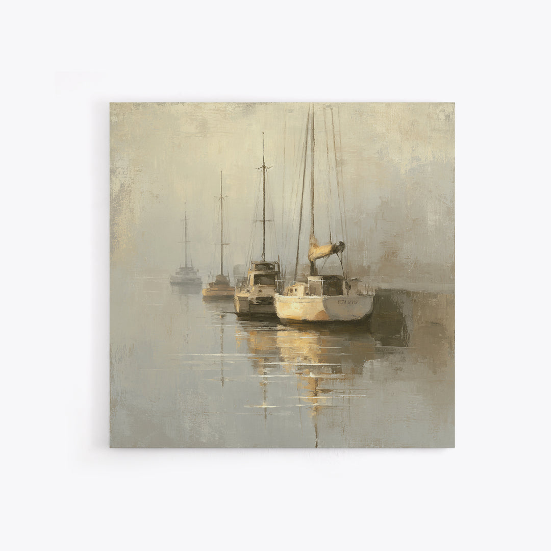 Quiet Harbor with Sailboats at Dawn Framed Canvas Print, Hotel Art, Gallery Wall Set, Hotel Decor, Fine Art, Boutique, HOT-1x1-70