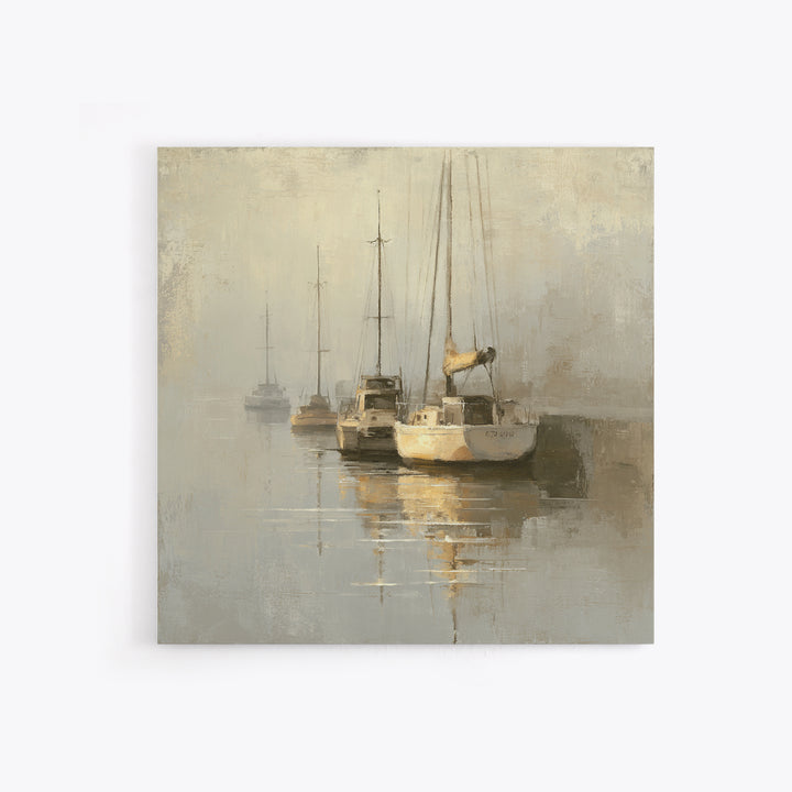 Quiet Harbor with Sailboats at Dawn Framed Canvas Print, Hotel Art, Gallery Wall Set, Hotel Decor, Fine Art, Boutique, HOT-1x1-70