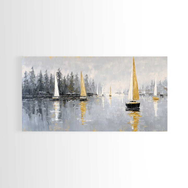Quiet Harbor with Sailboats at Dawn Framed Canvas Print, Hotel Art, Room Decor, Hotel Decor, Fine Art, Boutique, Art Print, HOT-2x1-18