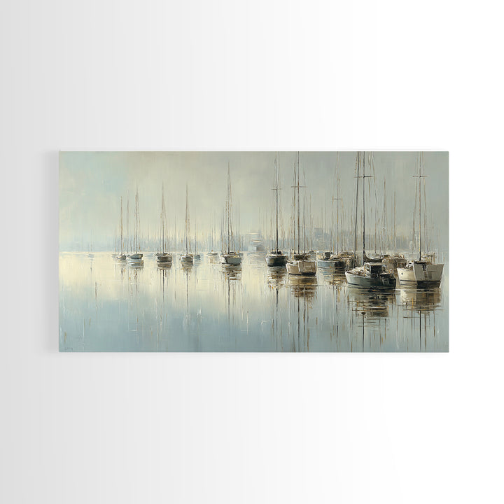 Quiet Harbor with Sailboats at Dawn Framed Canvas Print, Hotel Art, Room Decor, Hotel Decor, Fine Art, Boutique, Art Print, HOT-2x1-42