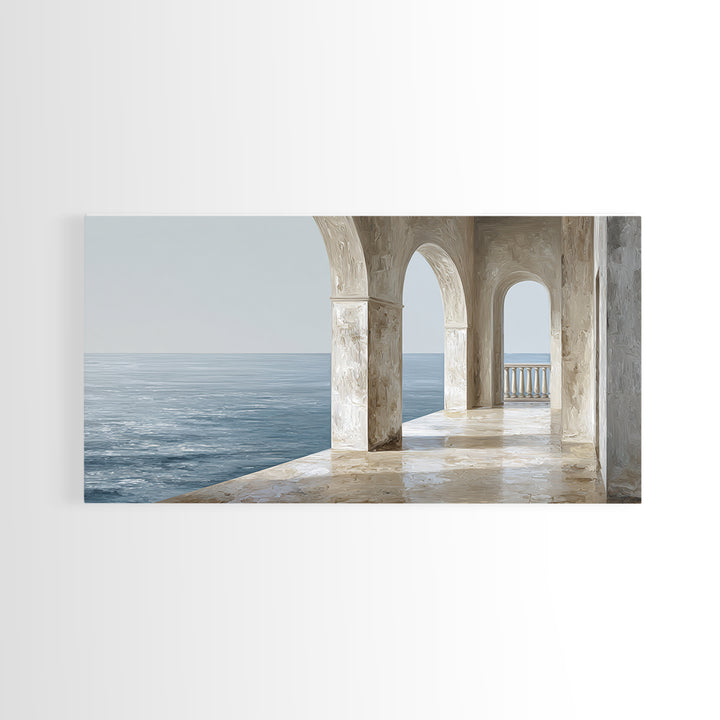 Mediterranean Terrace View Focused on Sea and Framed Canvas Print, Hotel Art, Painting, Hotel Decor, Fine Art, Boutique, HOT-2x1-7