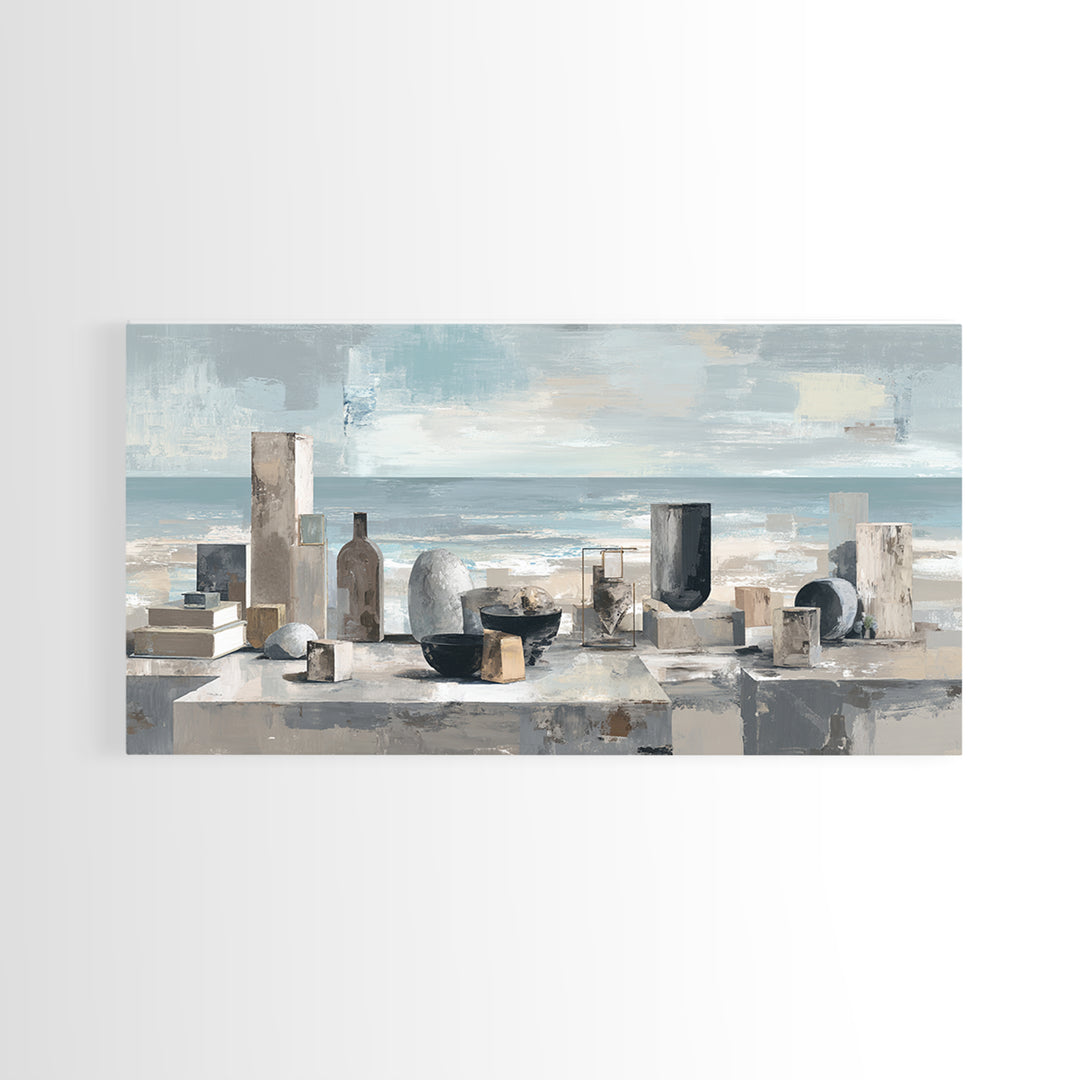 Mediterranean Terrace View Focused on Sea and Framed Canvas Print, Hotel Art, Travel Poster, Hotel Decor, Fine Art, Boutique, HOT-2x1-79