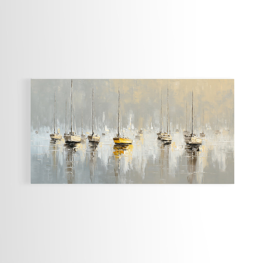Quiet Harbor with Sailboats at Dawn Framed Canvas Print, Hotel Art, Hotel Decor, Oil Painting, Boutique, Modern Wall Art, HOT-2x1-90