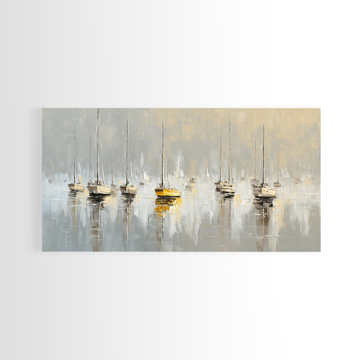 Quiet Harbor with Sailboats at Dawn Framed Canvas Print, Hotel Art, Hotel Decor, Oil Painting, Boutique, Modern Wall Art, HOT-2x1-90