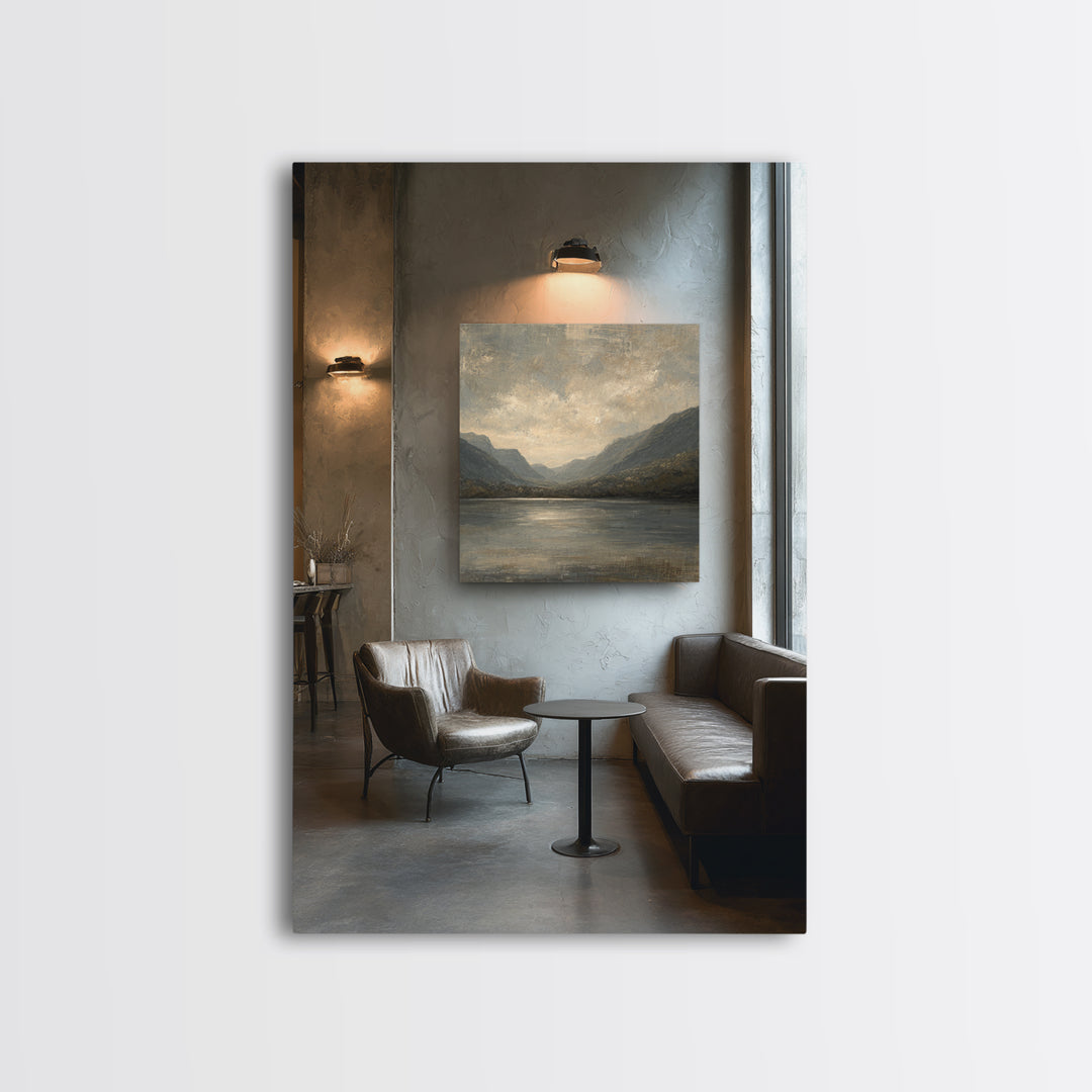 Serene Mountain Lake for Boutique Hotel Mood Framed Canvas Print, Hotel Art, Painting, Hotel Decor, Fine Art, Boutique, HOT-2x3-64