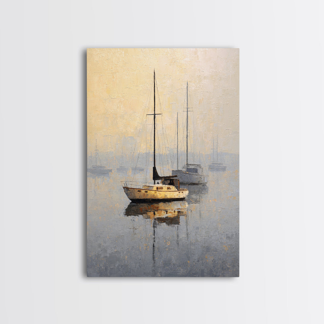 Quiet Harbor with Sailboats at Dawn Framed Canvas Print, Hotel Art, Mid Century Modern, Hotel Decor, Fine Art, Boutique, HOT-2x3-78