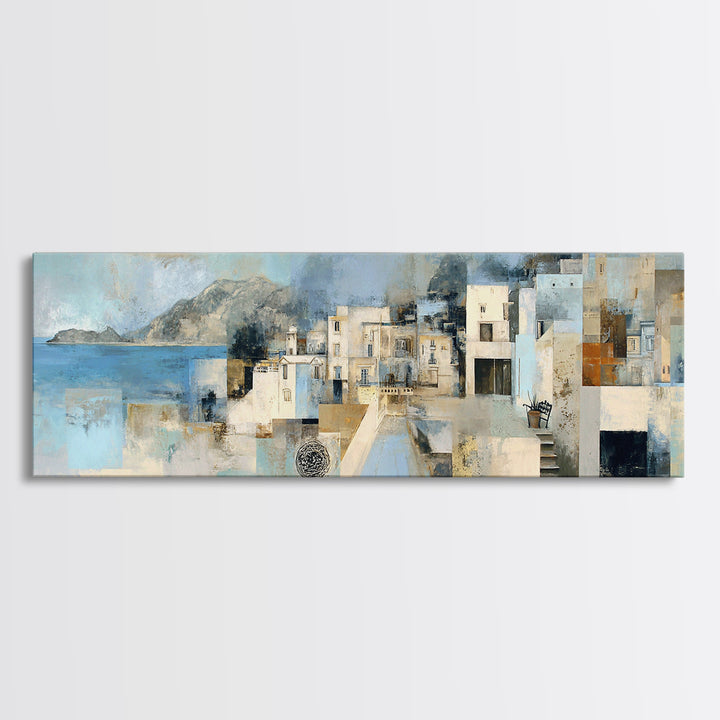 Mediterranean Terrace View Focused on Sea and Framed Canvas Print, Hotel Art, Textured Painting, Hotel Decor, Boutique, HOT-3x1-27