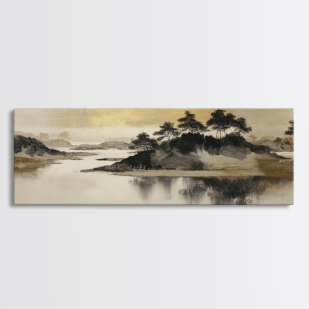 Japanese Ink Landscape Canvas Print, Hotel Art, Art Deco, Hotel Decor, Boutique, Minimalist Wall Art, Gallery Wall Art, HOT-3x1-34