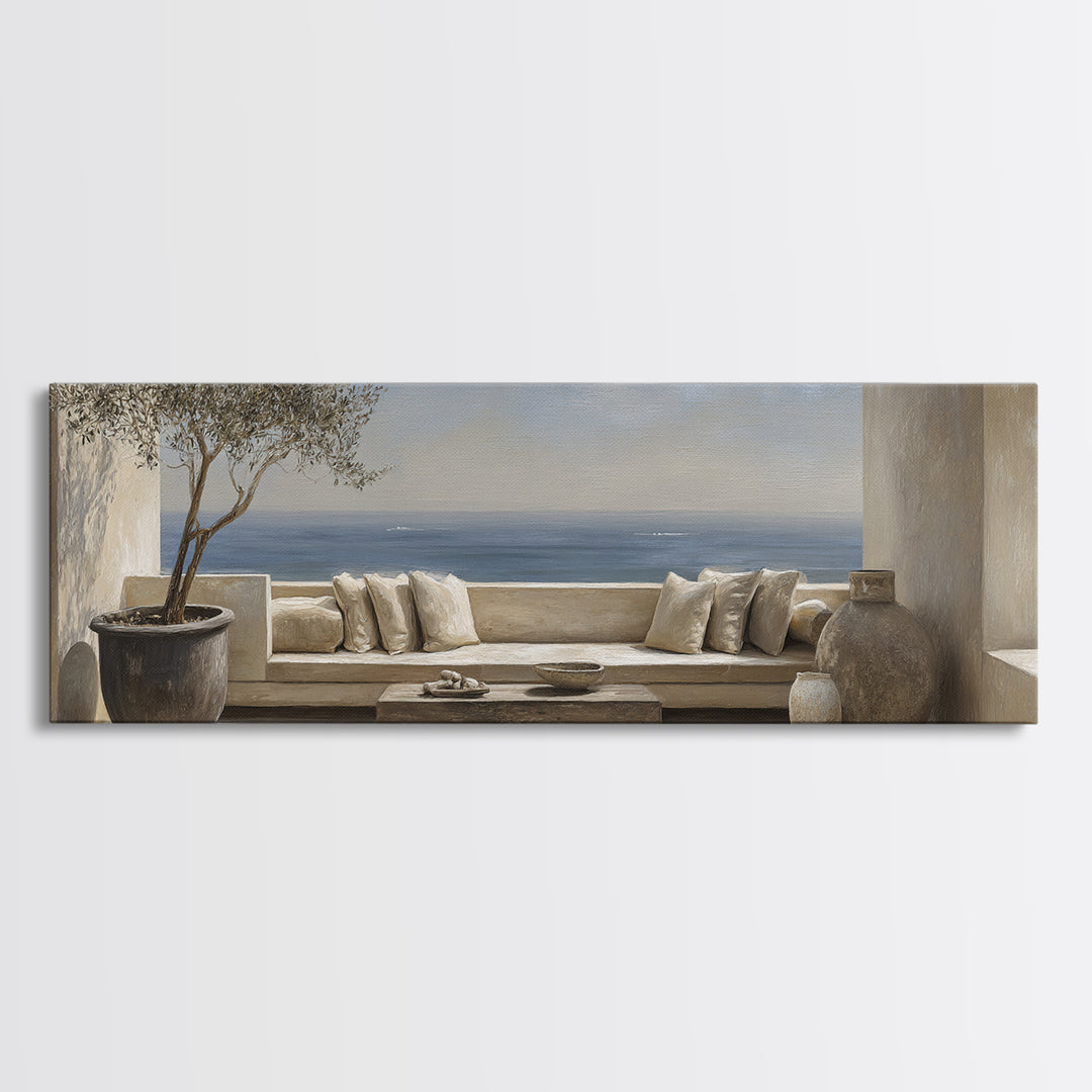 Mediterranean Terrace View Focused on Sea and Framed Canvas Print, Hotel Art, Art Print, Hotel Decor, Fine Art, Boutique, HOT-3x1-99