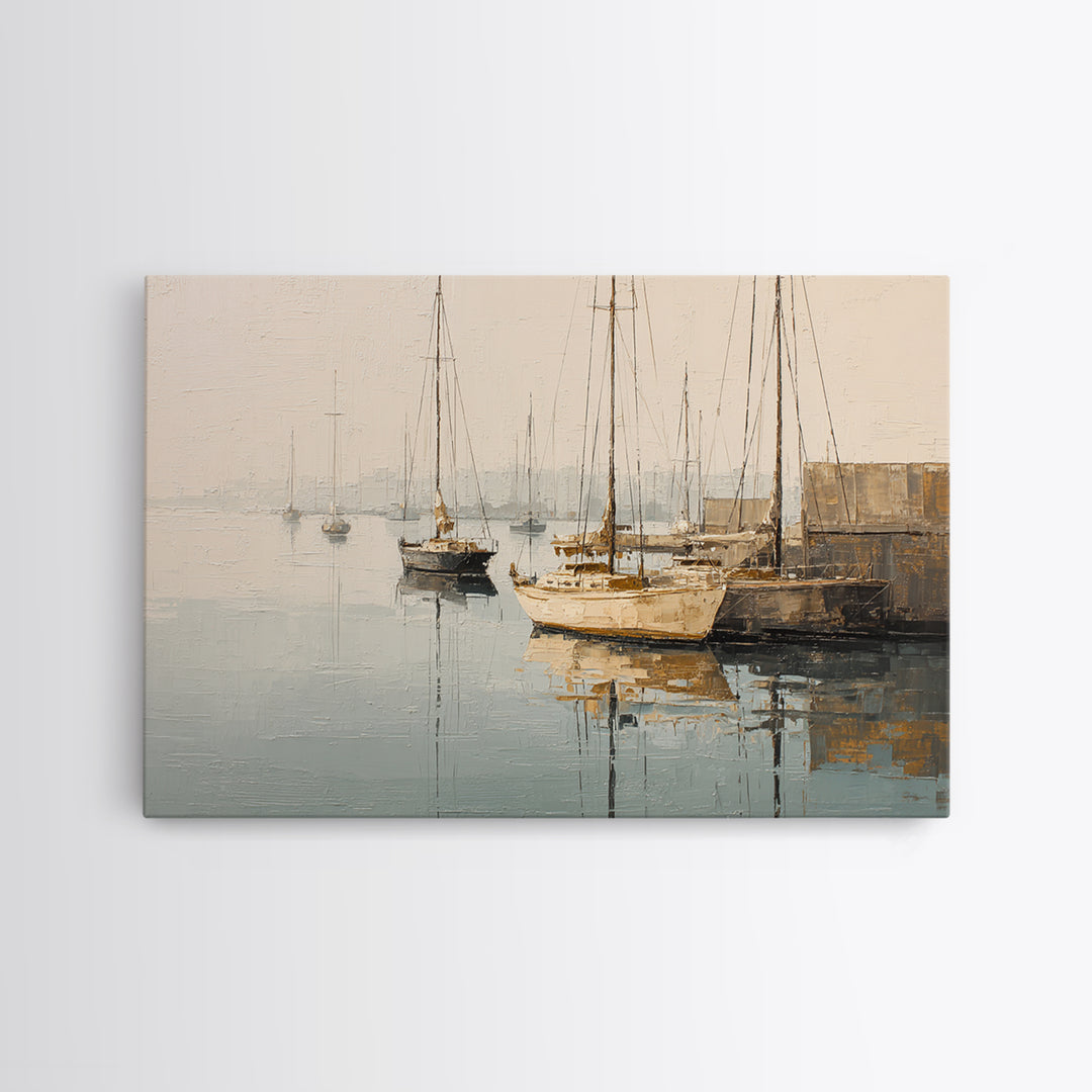 Quiet Harbor with Sailboats at Dawn Framed Canvas Print, Hotel Art, Mid Century Modern, Hotel Decor, Fine Art, Boutique, HOT-3x2-2