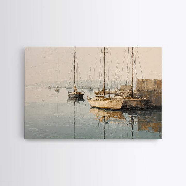 Quiet Harbor with Sailboats at Dawn Framed Canvas Print, Hotel Art, Mid Century Modern, Hotel Decor, Fine Art, Boutique, HOT-3x2-2