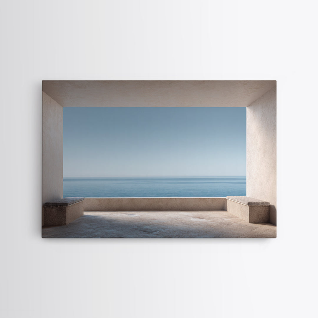 Mediterranean Terrace View Focused on Sea and Framed Canvas Print, Hotel Art, Contemporary Art, Hotel Decor, Fine Art, Boutique, HOT-3x2-39