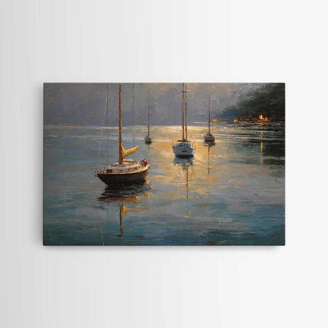 Quiet Harbor with Sailboats at Dawn Framed Canvas Print, Hotel Art, Coastal Wall Art, Hotel Decor, Oil Painting, Boutique, HOT-3x2-50