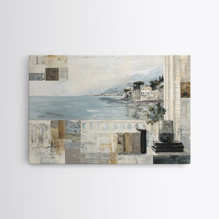 Mediterranean Terrace View Focused on Sea and Framed Canvas Print, Hotel Art, Coastal Decor, Hotel Decor, Fine Art, Boutique, HOT-3x2-63
