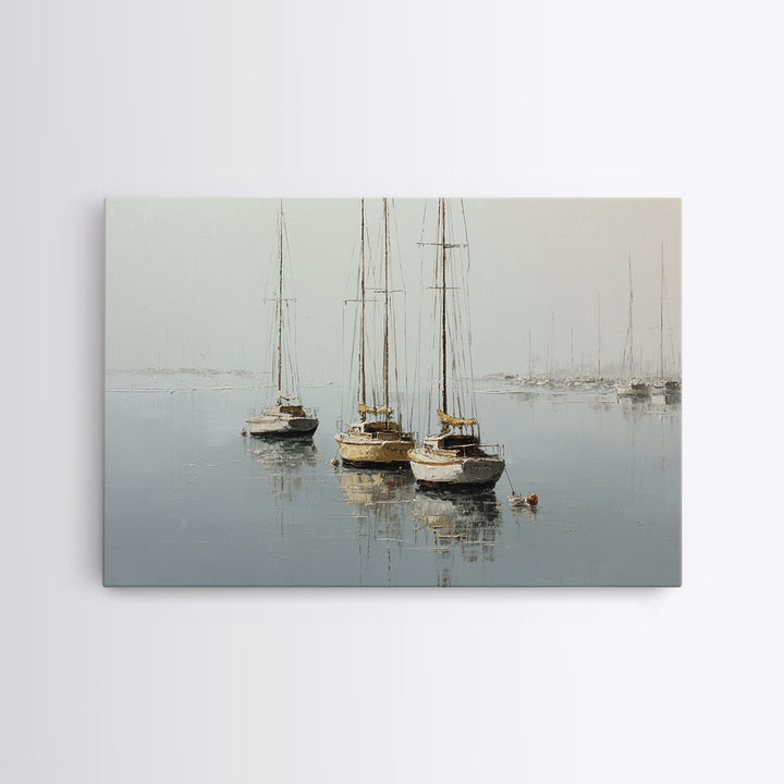 Quiet Harbor with Sailboats at Dawn Framed Canvas Print, Hotel Art, Coastal Wall Art, Hotel Decor, Oil Painting, Boutique, HOT-3x2-74