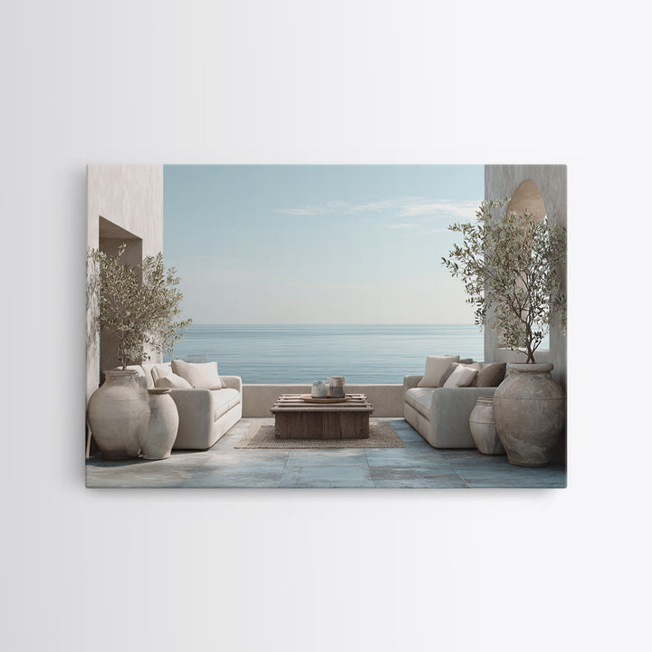 Mediterranean Terrace View Focused on Sea and Framed Canvas Print, Hotel Art, Poster, Hotel Decor, Fine Art, Boutique, HOT-3x2-87