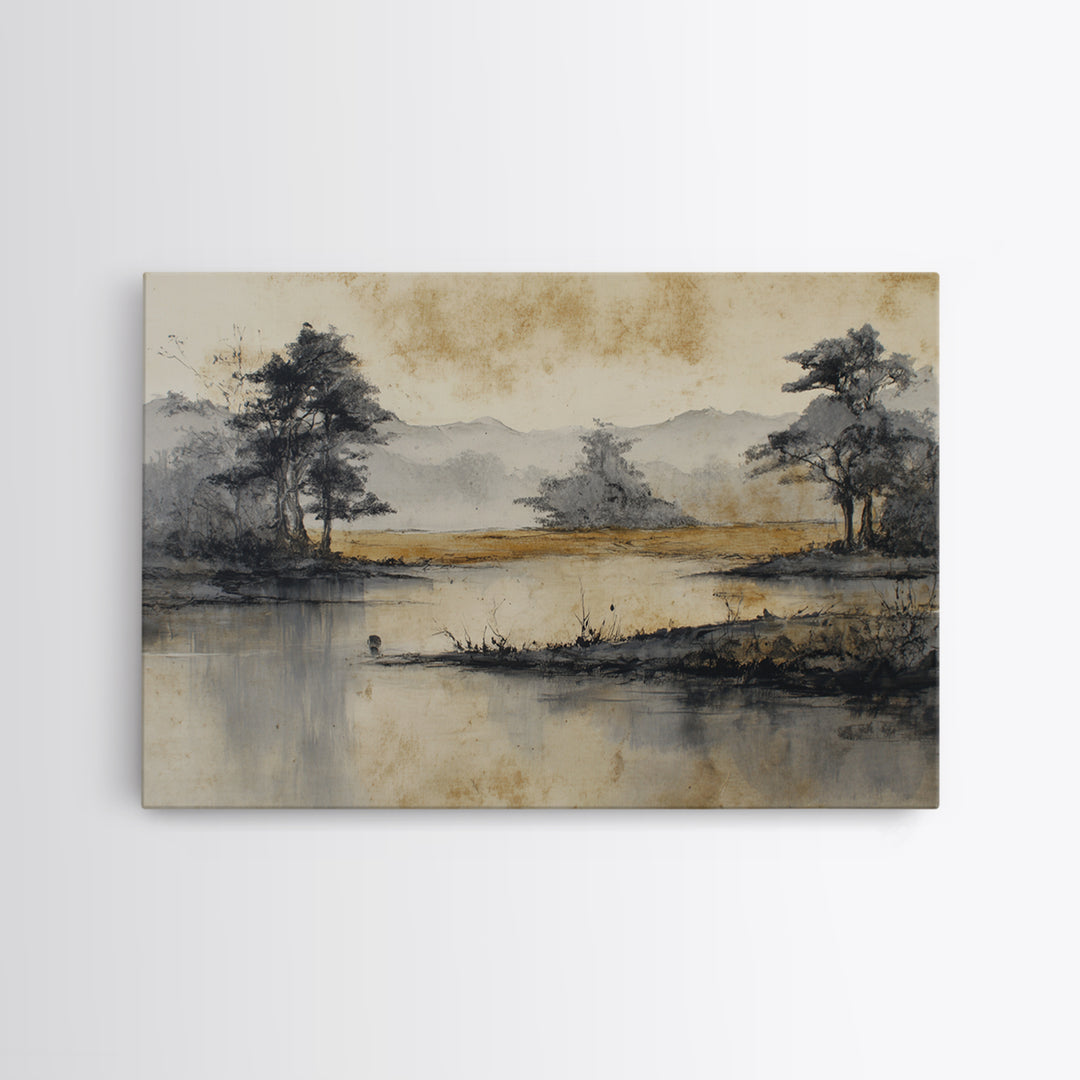 Japanese Ink Landscape Canvas Print, Hotel Art, Beach Prints, Hotel Decor, Fine Art, Boutique, Room Decor, Textured Painting, HOT-3x2-94