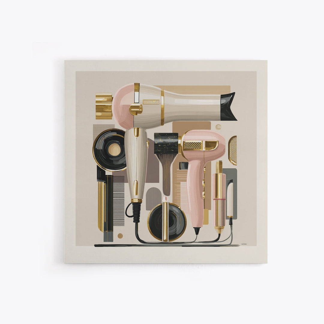 Hairdryer and Brush Framed Canvas Print, Hair Salon Art, Fine Art Print, Living Room Decor, Abstract Art, Style, Wall Decor, HSA-1x1-33