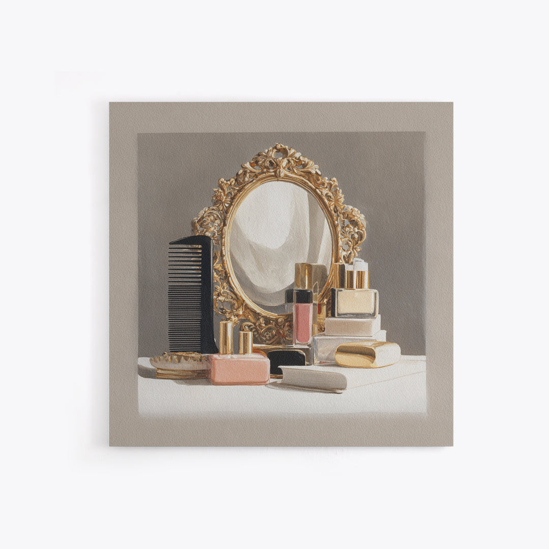 Baroque Mirror and Comb Still Life Canvas Print, Hair Salon Art, Boho Decor, Living Room Decor, Fine Art, Style, Art Print, HSA-1x1-89