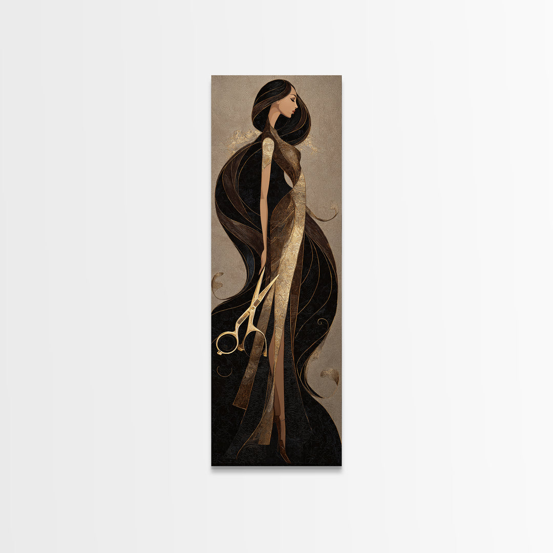 Luxury Black and Gold Beauty Emblem Canvas Print, Hair Salon Art, Statement Artwork, Living Room Decor, Oil Painting, Style, HSA-1x3-12