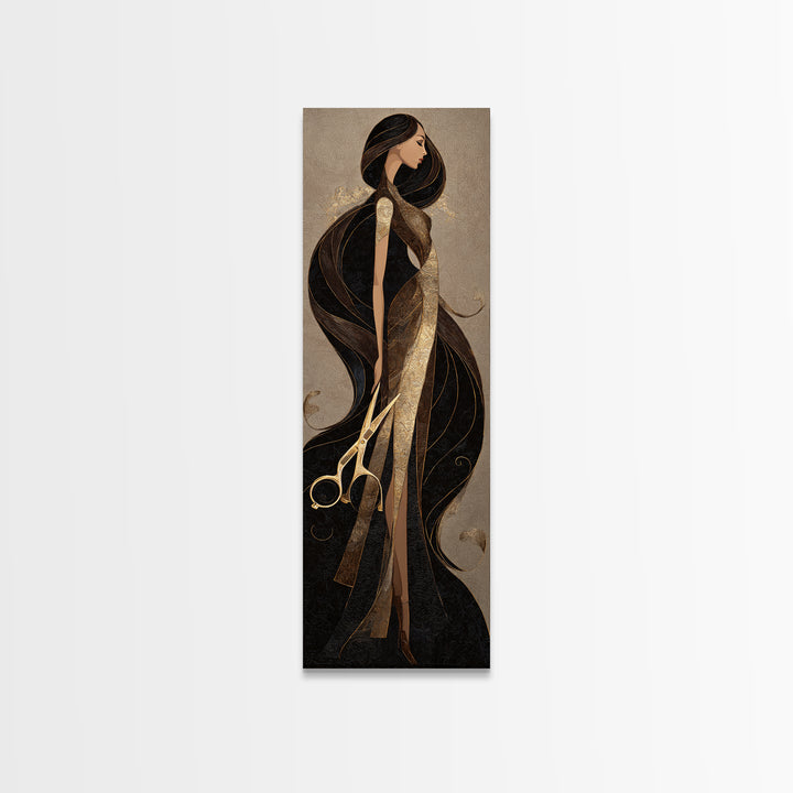 Luxury Black and Gold Beauty Emblem Canvas Print, Hair Salon Art, Statement Artwork, Living Room Decor, Oil Painting, Style, HSA-1x3-12
