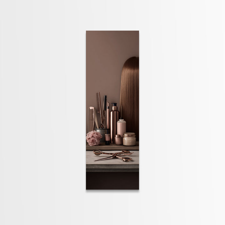 Rose Gold Salon Tool Still Life Canvas Print, Hair Salon Art, Afrocentric Art, Living Room Decor, Style, Statement Artwork, HSA-1x3-2