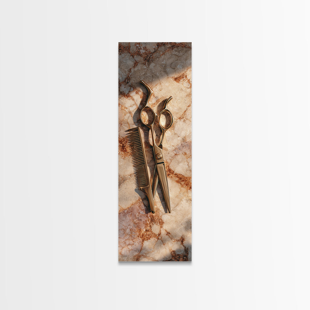 Gold Scissors and Comb Still Life on Canvas Print, Hair Salon Art, Salon Sign, Living Room Decor, Fine Art, Style, Luxury Decor, HSA-1x3-38