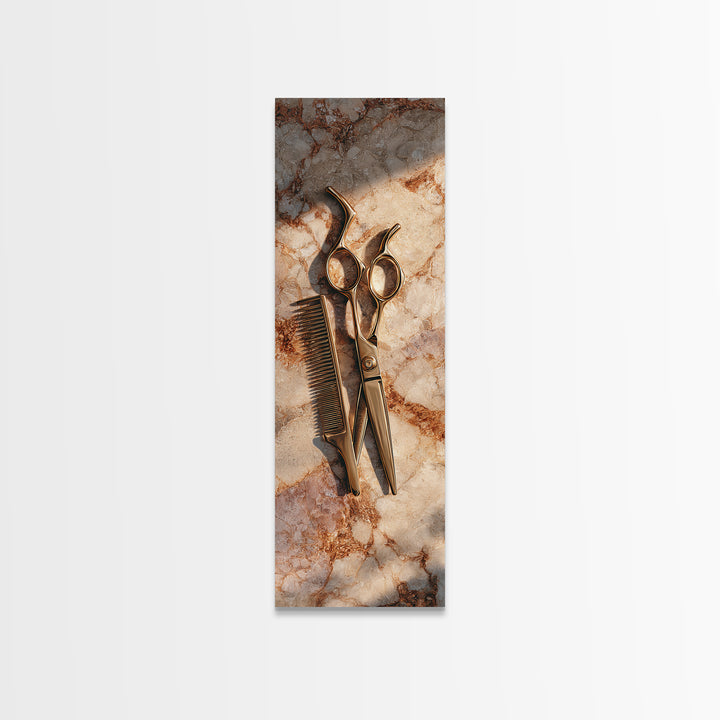 Gold Scissors and Comb Still Life on Canvas Print, Hair Salon Art, Salon Sign, Living Room Decor, Fine Art, Style, Luxury Decor, HSA-1x3-38