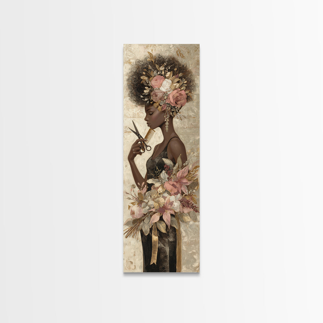 Afro Hair Portrait Canvas Print, Hair Salon Art, Metal Wall Art, Living Room Decor, Fine Art, Style, Black and White Art, HSA-1x3-56