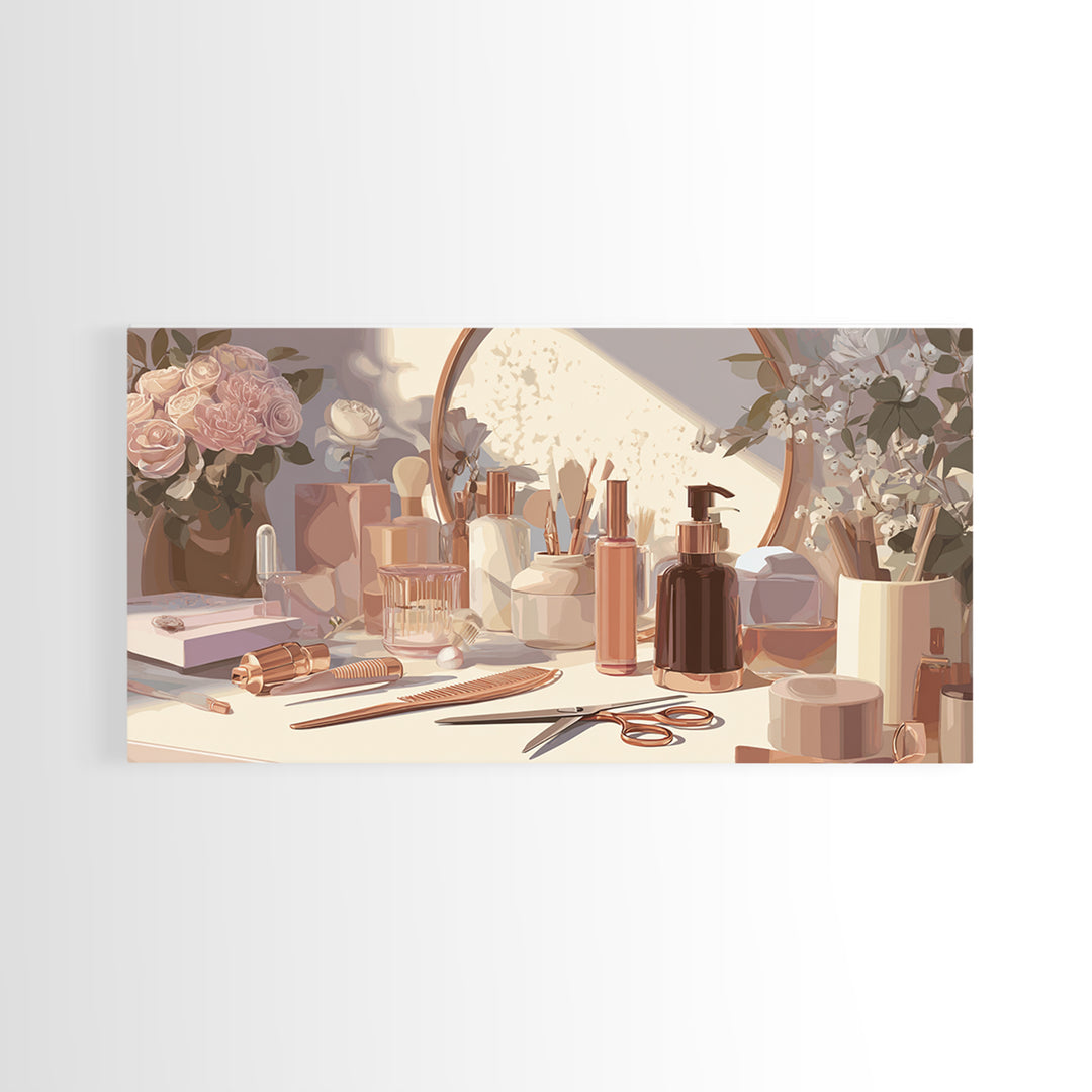 Rose Gold Salon Tool Still Life Framed Canvas Print, Hair Salon Art, Luxury Decor, Living Room Decor, Fine Art, Style, HSA-2x1-10