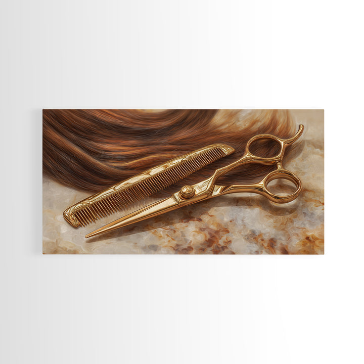 Gold Scissors and Comb Still Life on Canvas Print, Hair Salon Art, Statement Artwork, Living Room Decor, Fine Art, Style, HSA-2x1-22