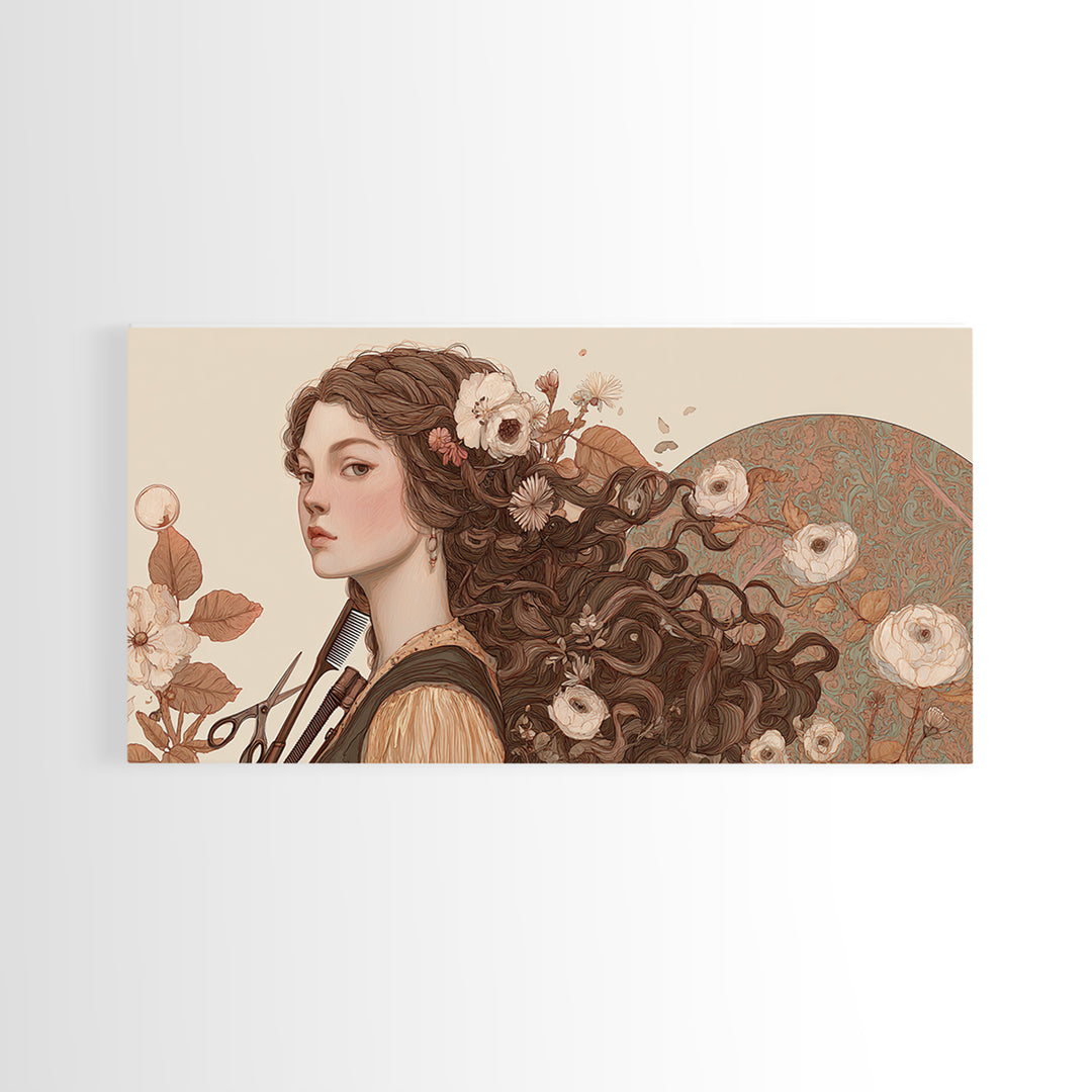 Botanical Hairstyle Portrait Canvas Print, Hair Salon Art, Boho Decor, Living Room Decor, Fine Art, Style, Art Print, HSA-2x1-26