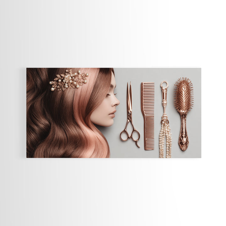 Rose Gold Salon Tool Still Life Framed Canvas Print, Hair Salon Art, Luxury Decor, Living Room Decor, Fine Art, Style, HSA-2x1-34