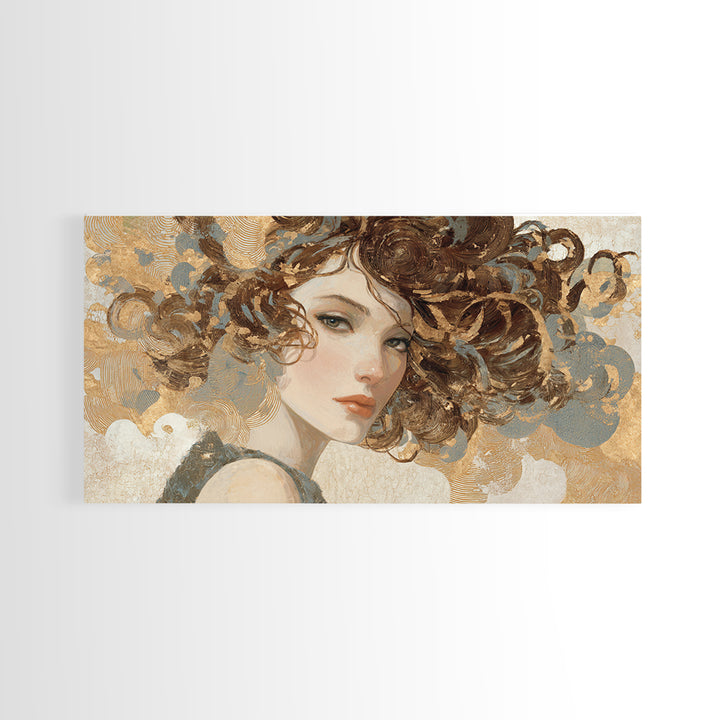 Curly Hair Portrait Framed Canvas Print, Hair Salon Art, Living Room Decor, Oil Painting, Style, Printable Art, HSA-2x1-35