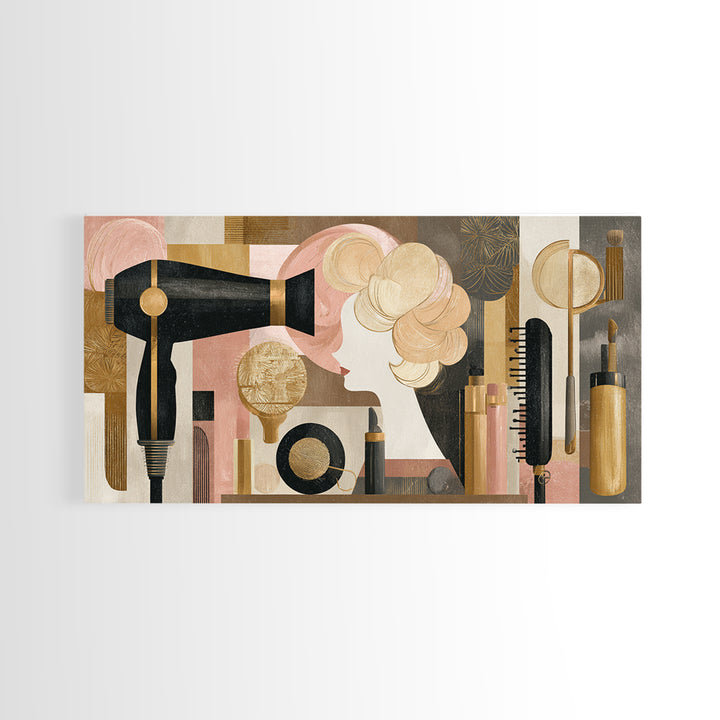 Hairdryer and Brush Framed Canvas Print, Hair Salon Art, Art, Living Room Decor, Watercolor Art, Style, Black Art Prints, HSA-2x1-5