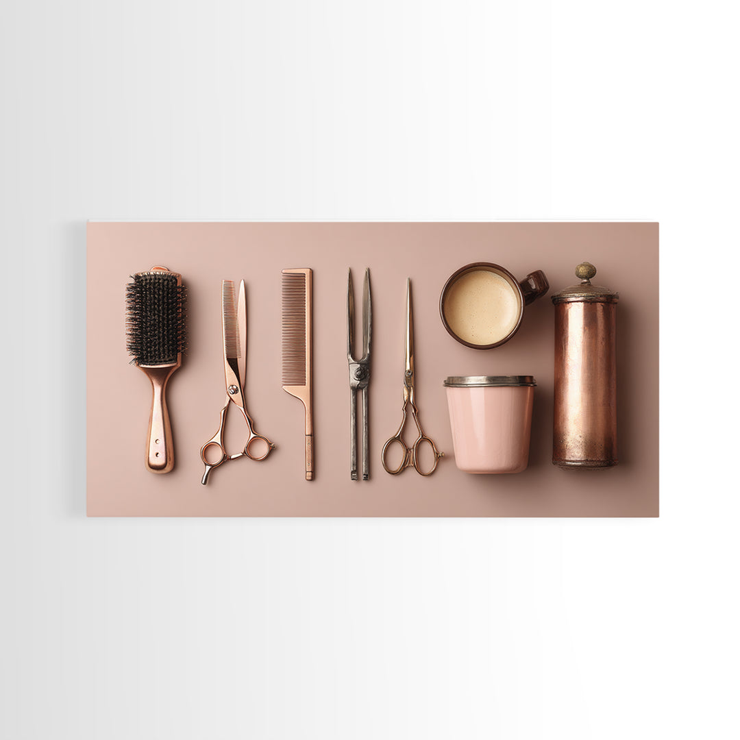 Rose Gold Salon Tool Still Life Canvas Print, Hair Salon Art, Wall Art, Living Room Decor, Fine Art, Style, Minimalist Wall Art, HSA-2x1-58