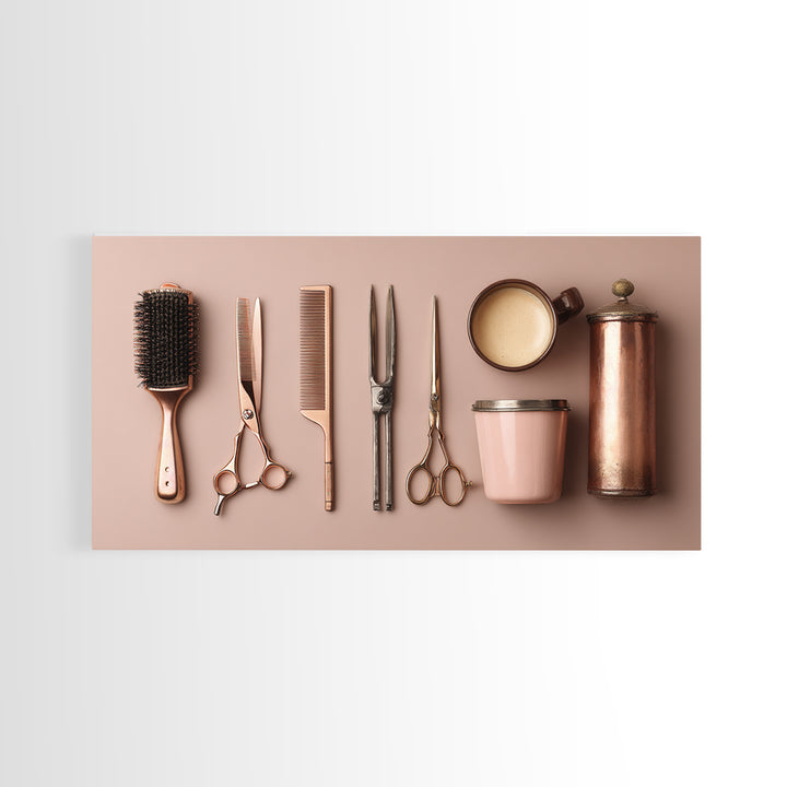Rose Gold Salon Tool Still Life Canvas Print, Hair Salon Art, Wall Art, Living Room Decor, Fine Art, Style, Minimalist Wall Art, HSA-2x1-58